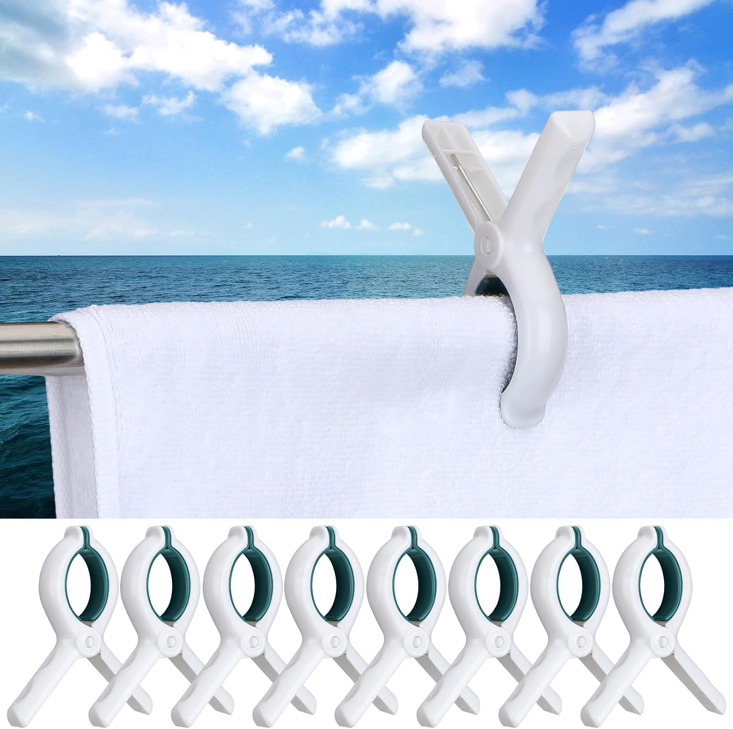 Hushee 8 Pack Pontoon Boat Towel Clips for Rail,Blue White,Single-Claw | Marine Boat Rail Towel Clips, Storm Proof Clips Secure Towels, Beach Cruise Fishing Travel, Marine Pontoon Boat Accessories